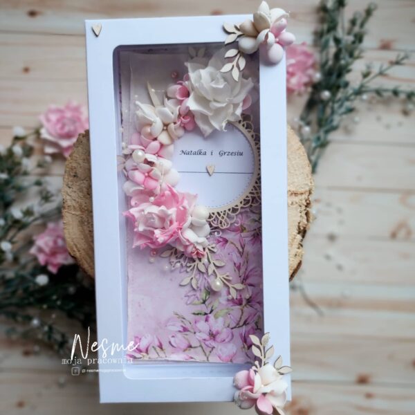kartka ślubna różowa pudełko